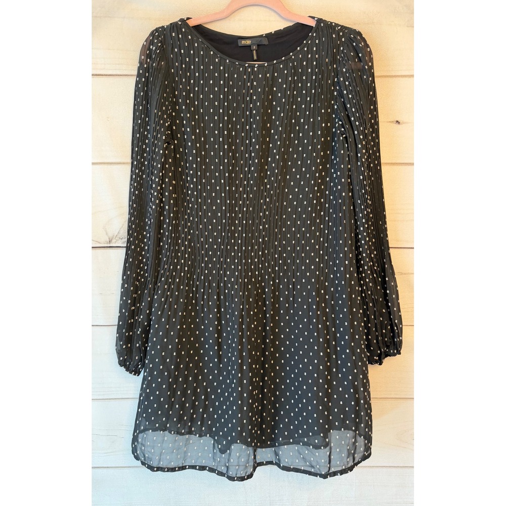 Maje Black Polka Dot Pleated Mini Dress MFPRO00596 Noir French Chic Size 3 L